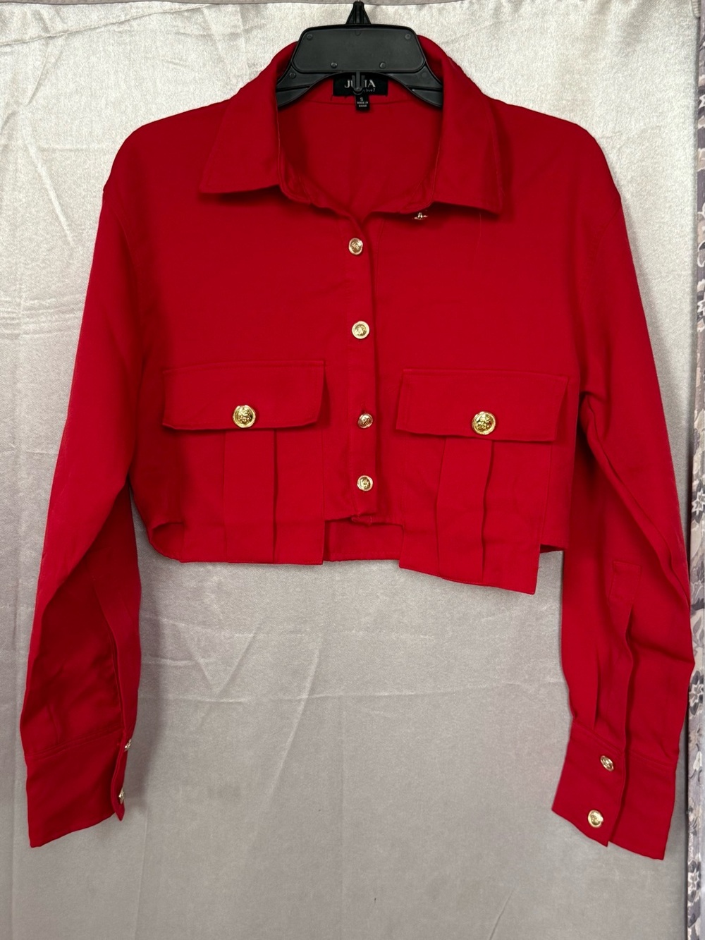 Cropped Red Button-Front Jacket with Gold Buttons